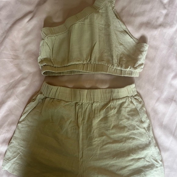 High Waist Tan Shorts and One shoulder top Matching Set - Picture 4 of 8